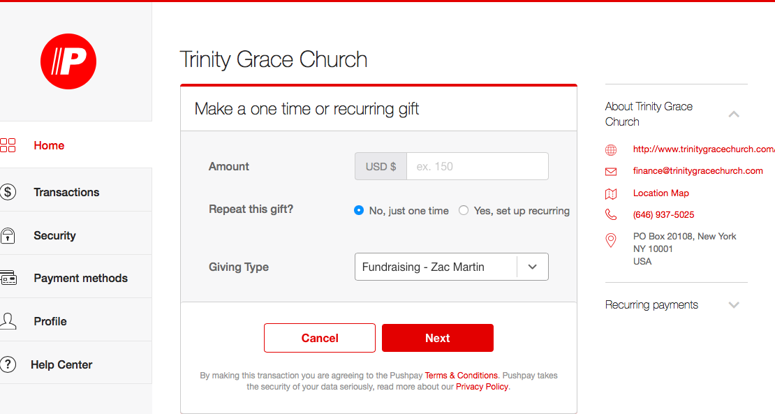This is the screenshot of what the giving site looks like through Trinity Grace Church
