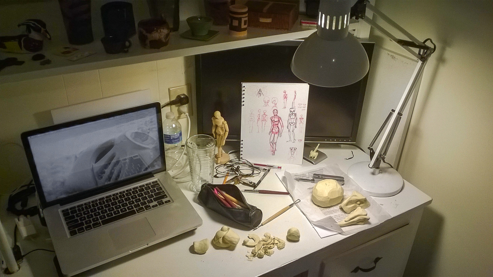 My apartment desktop setup. Hydration is important for any artist, and persons as well.