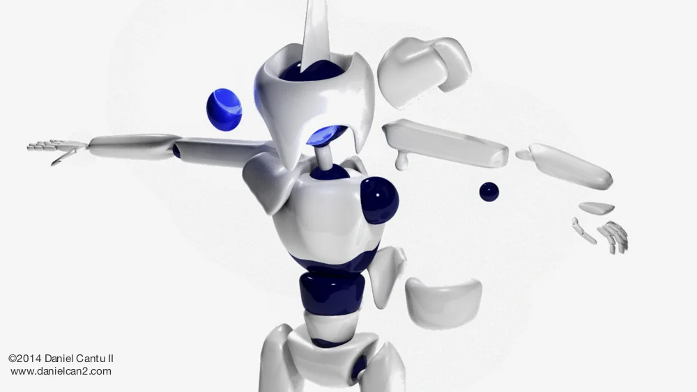 My older 3D animated robot, exploded view.