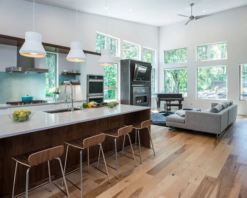 The kitchen from the side, toward the living room