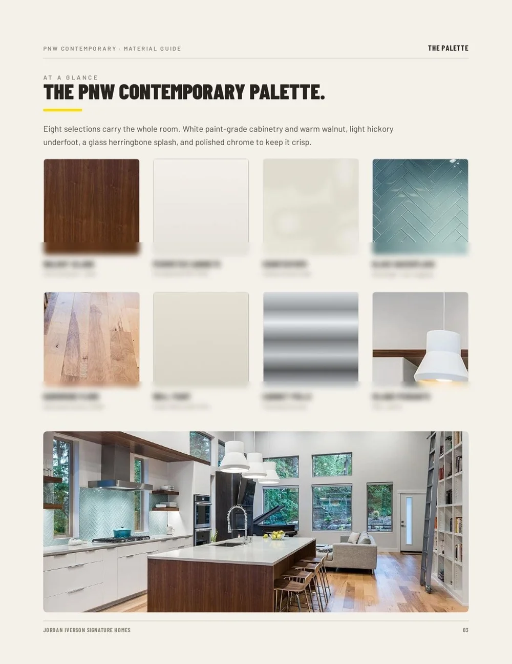 The palette page: eight swatches and a photo of the kitchen