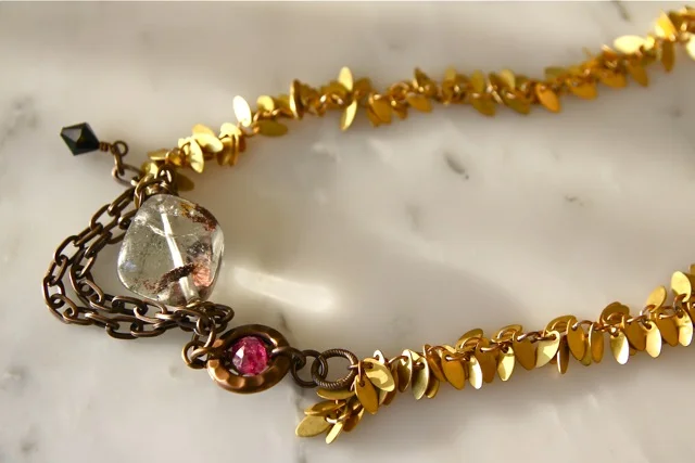 Ruby Ridge (phantom quartz, polki ruby, Swarovski crystal, brass, 22k gold plated sterling silver): Gemma collection