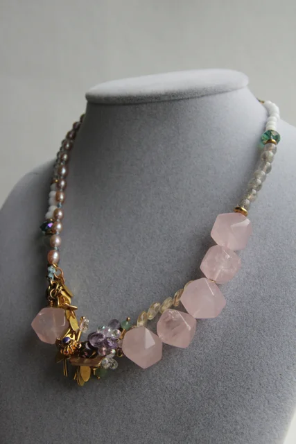 Water Lilies (rose quartz, citrine, jade, amethyst, Kashgar vintage glass bead, labradorite, Swarovski crystal, pearl, quartz crystal, 22k gold plated sterling silver, brass, ceramic, silk, enamel)