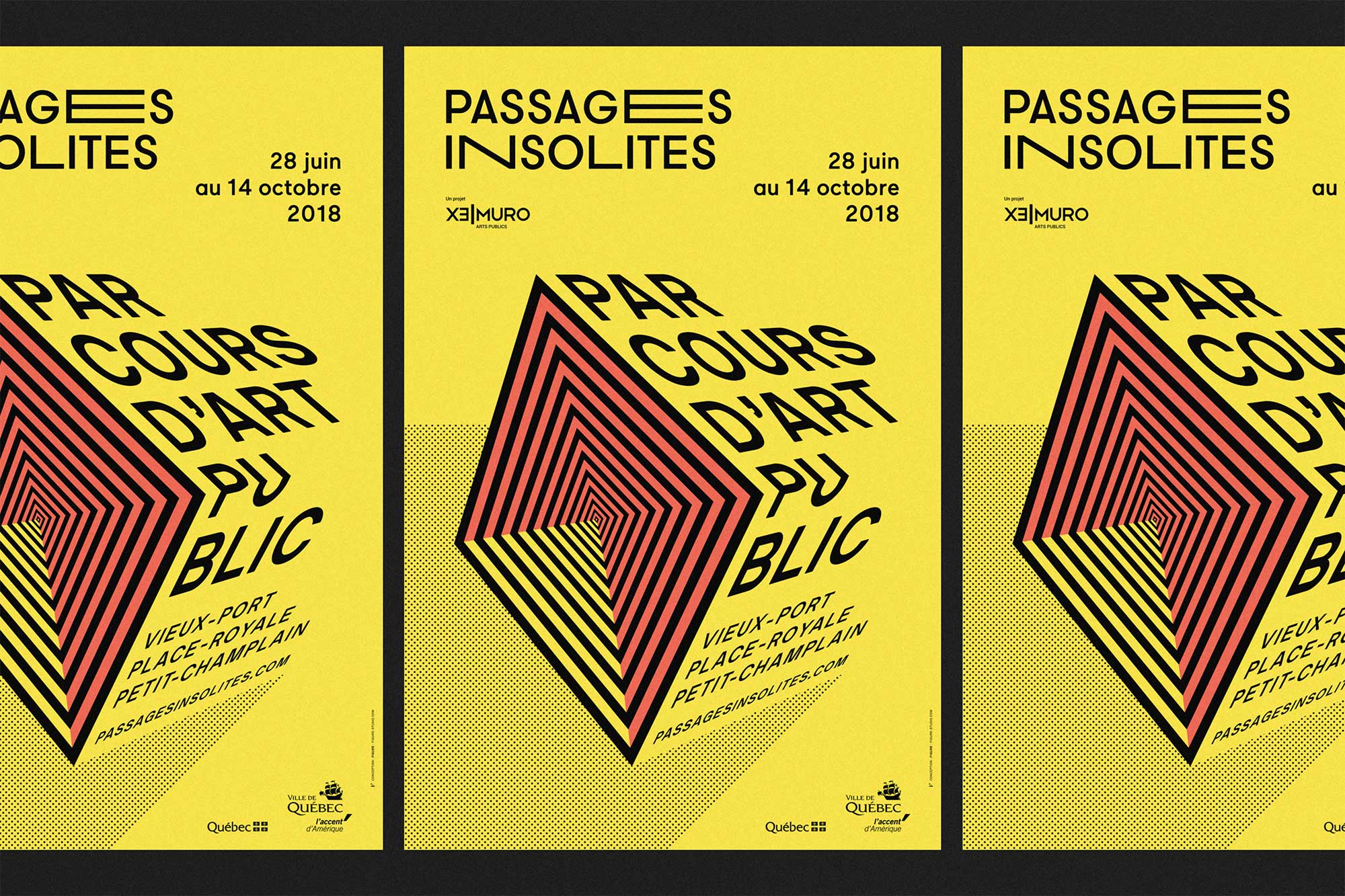 Trois affiches publicitaires de l'événement Passages Insolites 2018.