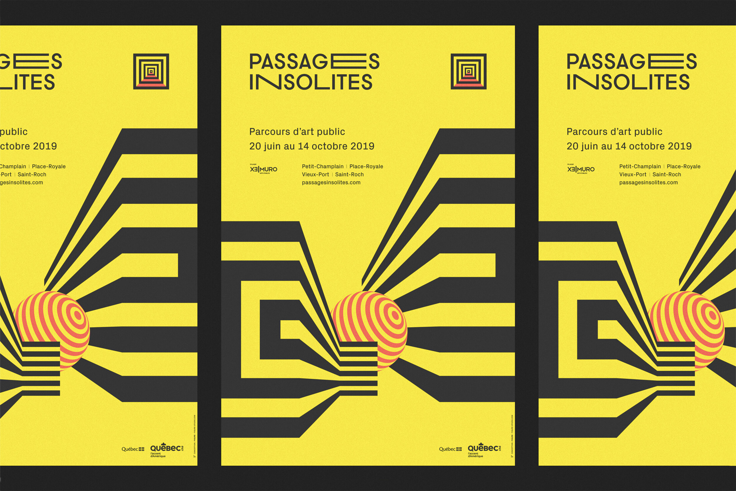 Trois affiches jaunes sur fond noir avce une illustration en lignes modernes et droite de deux murs à angle avec une sphère orange lignée au centre.