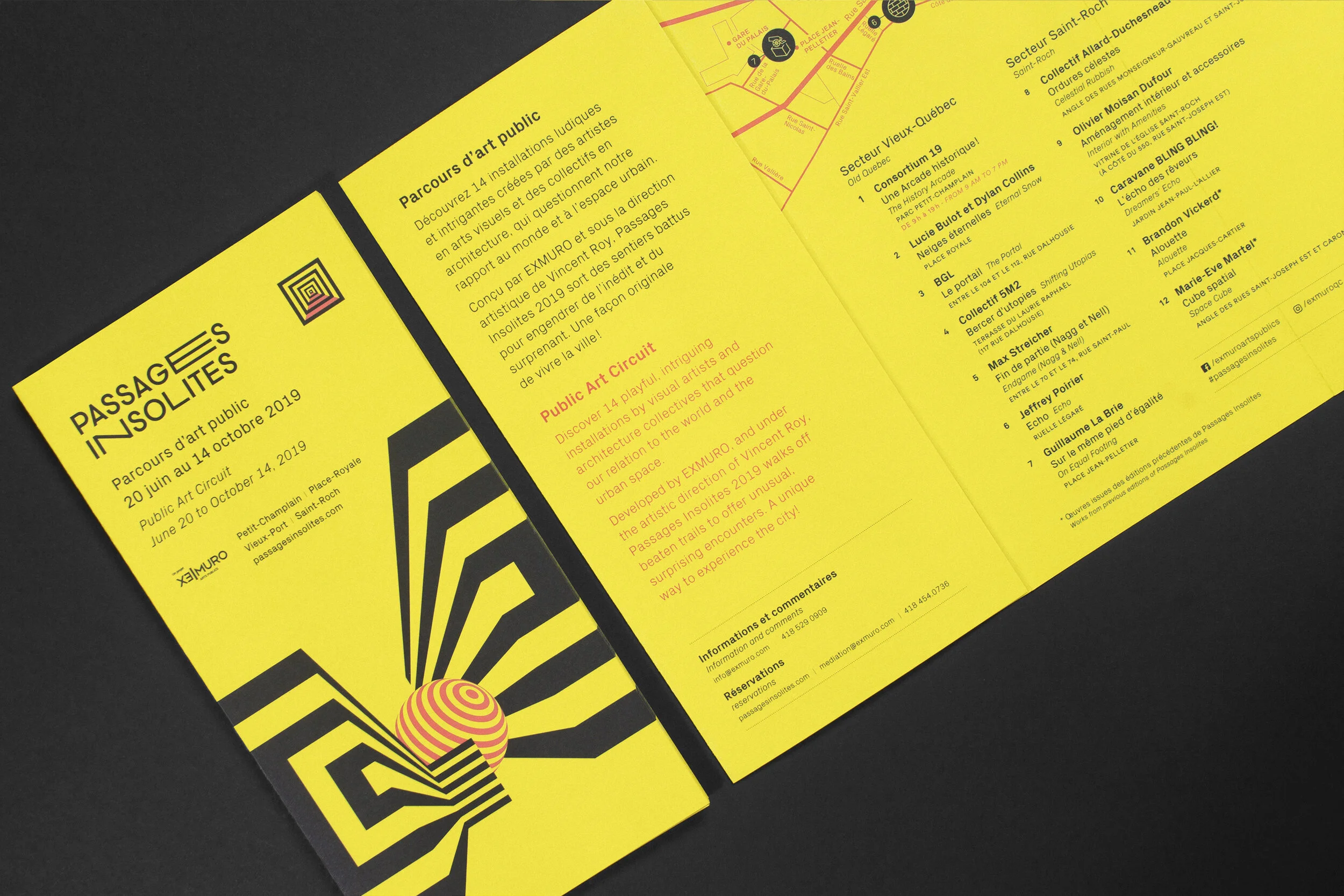 Impression du dépliant (flyer) pour l’événement artistique organisé par Exmuro : Passages insolites 2019.
