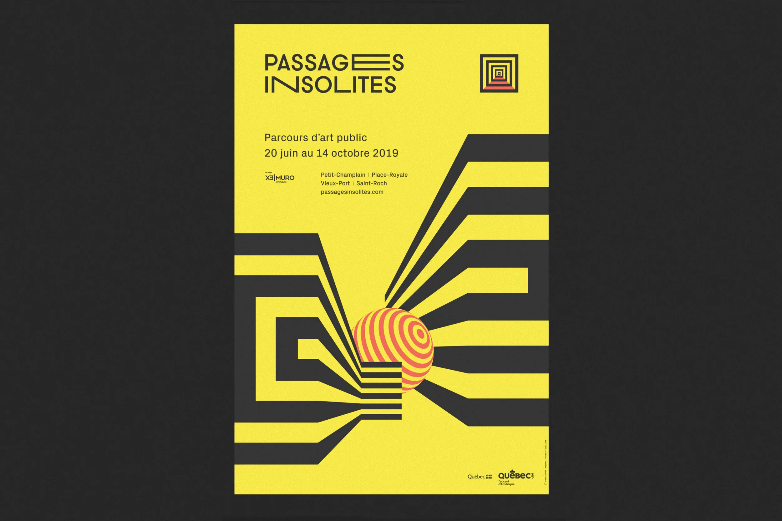 Branding, visuel et logo réalisés pour l’événement Passages insolites 2019 organisé par Exmuro à Québec.