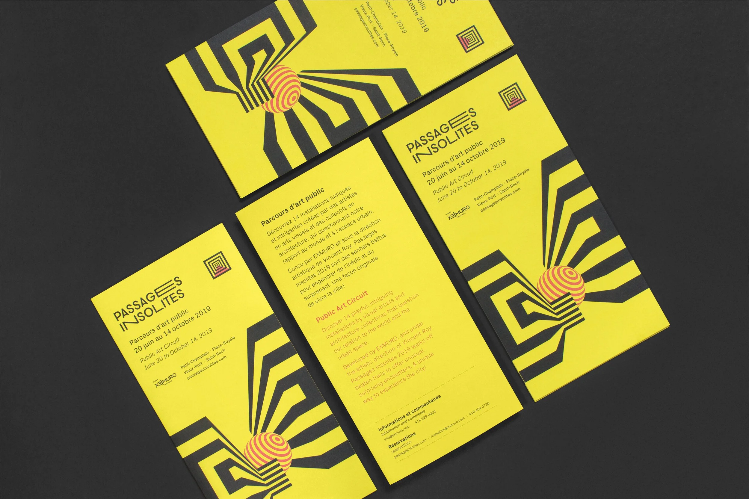Branding et logo de l’événement d’art public Passages insolites 2019 sur différents volets du document imprimé.