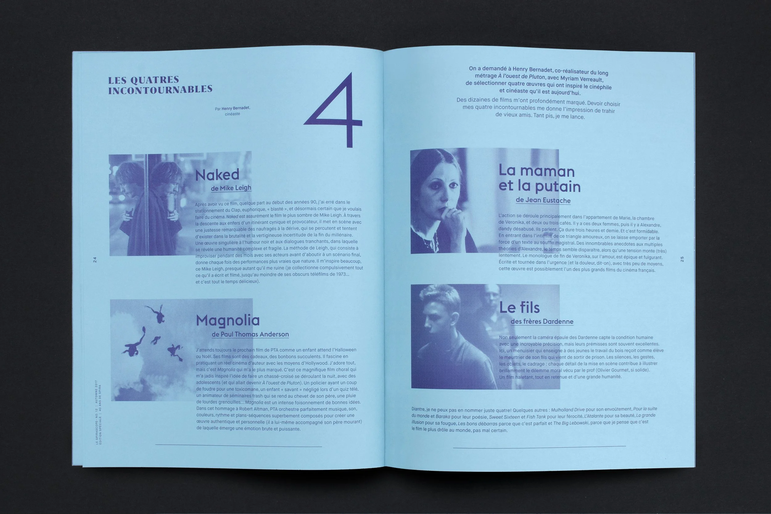 Double page bleu avec des articles sur les quatres films incontournables.