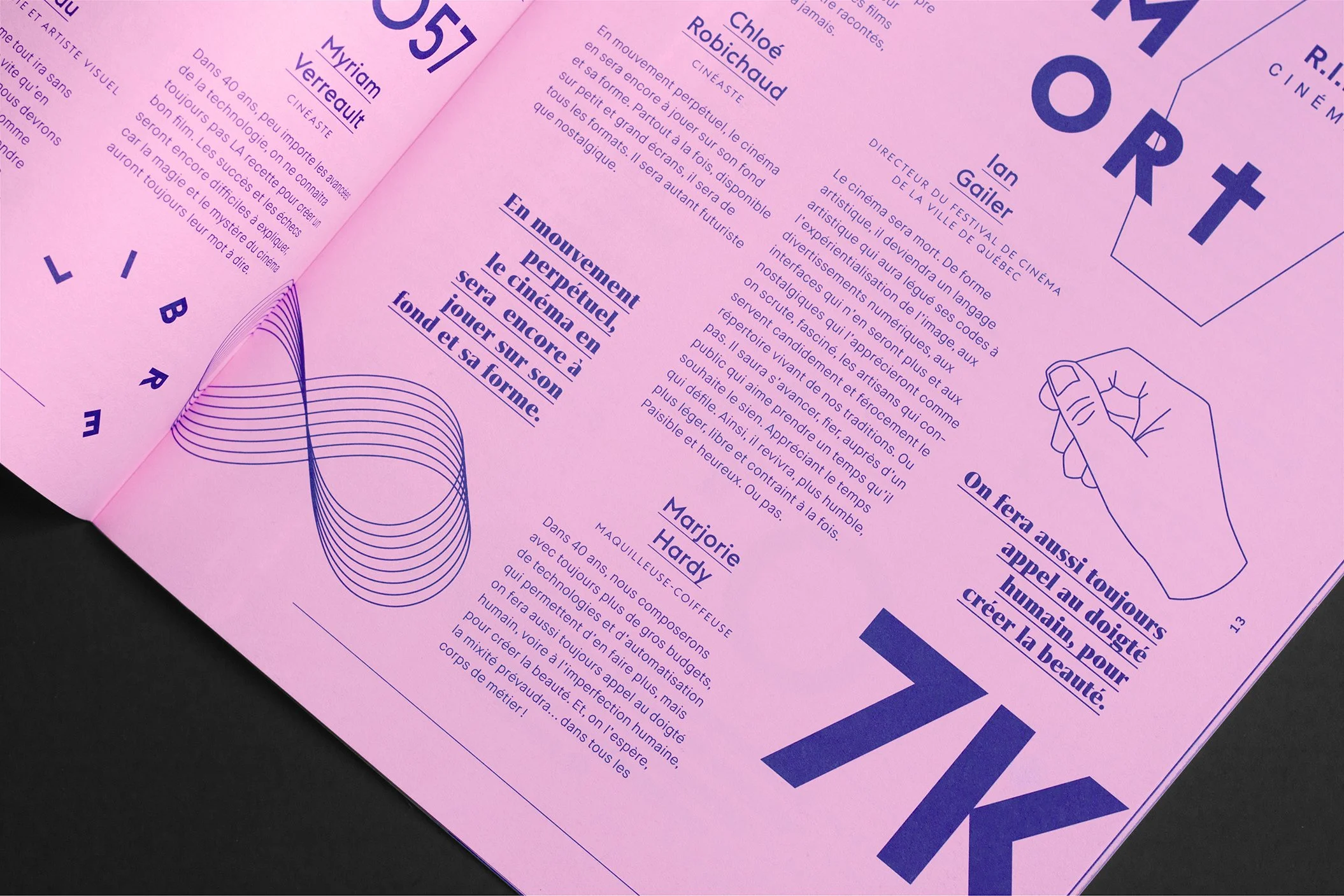 Pages intérieures roses du magazine Spirascope montrant des illustrations en traits fins.