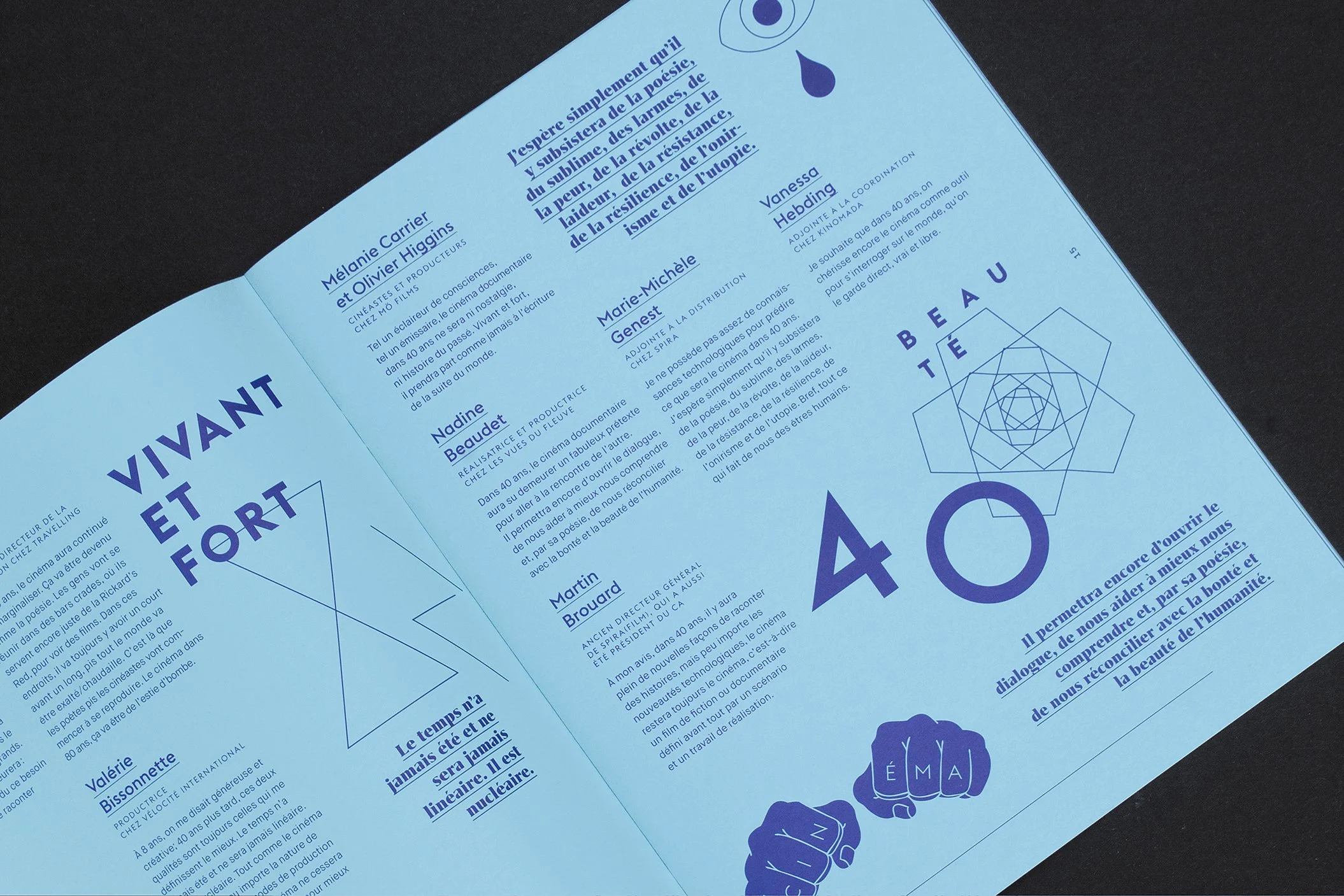 Mise en page du document imprimé montrant différents témoignages e différents cinéaste du Québec.