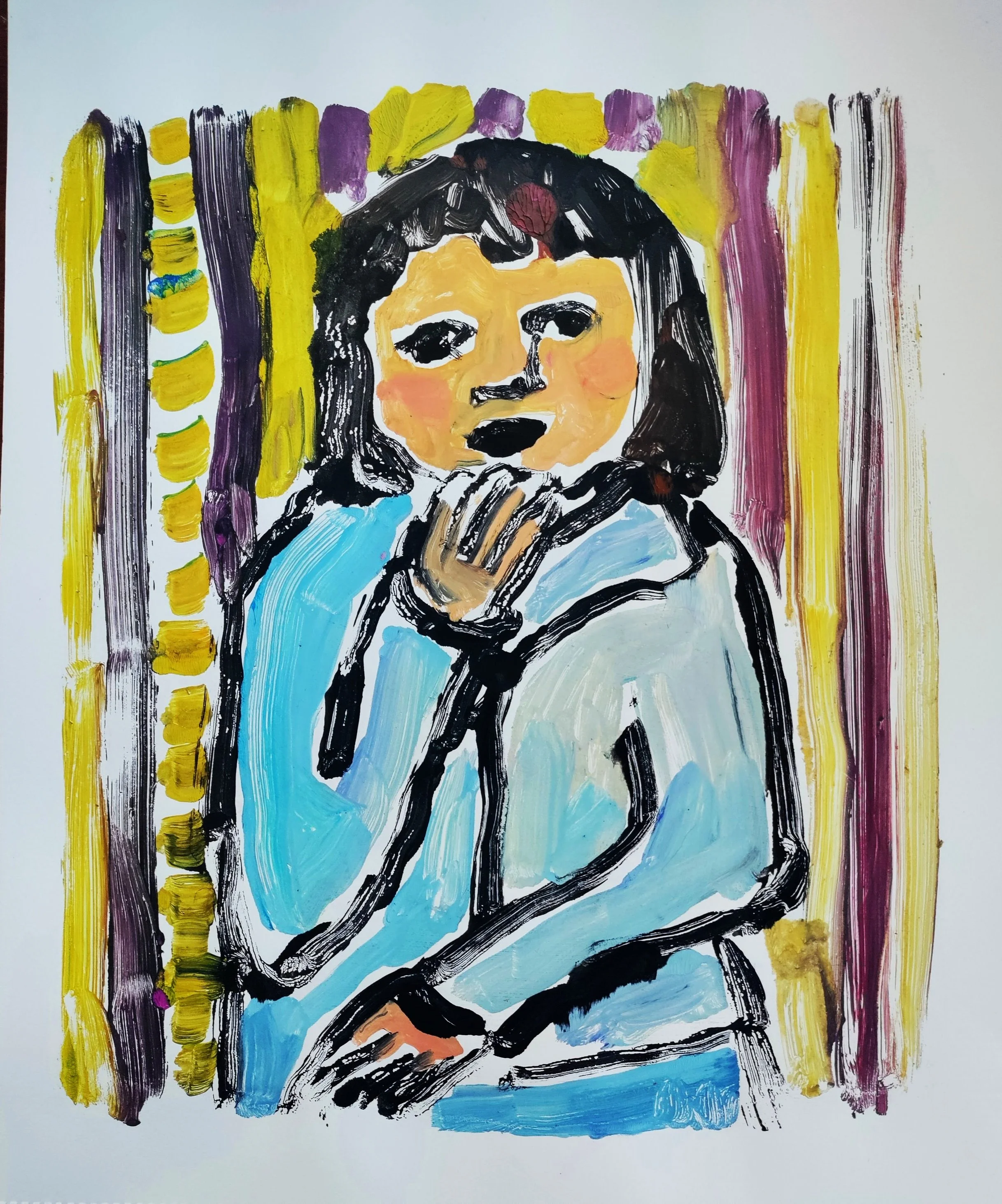 "Girl in Blue with Yellow and Purple Stripes"