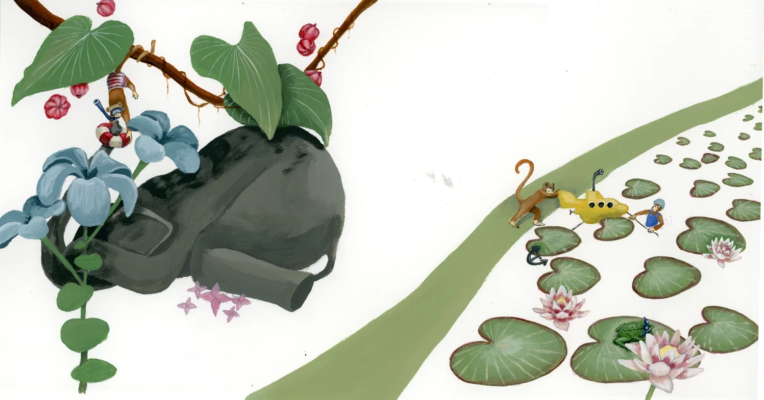 This last one still needs the most work. I have to fill in the details, like water -which I will draw with pencil-, a pattern in the green border and much more plants around the elephant. And -not to forget- wipe out the little smudges you see in the middle of the drawing. They happened when my baby Oskar did WHAAA, and I dropped my paint-brush ...