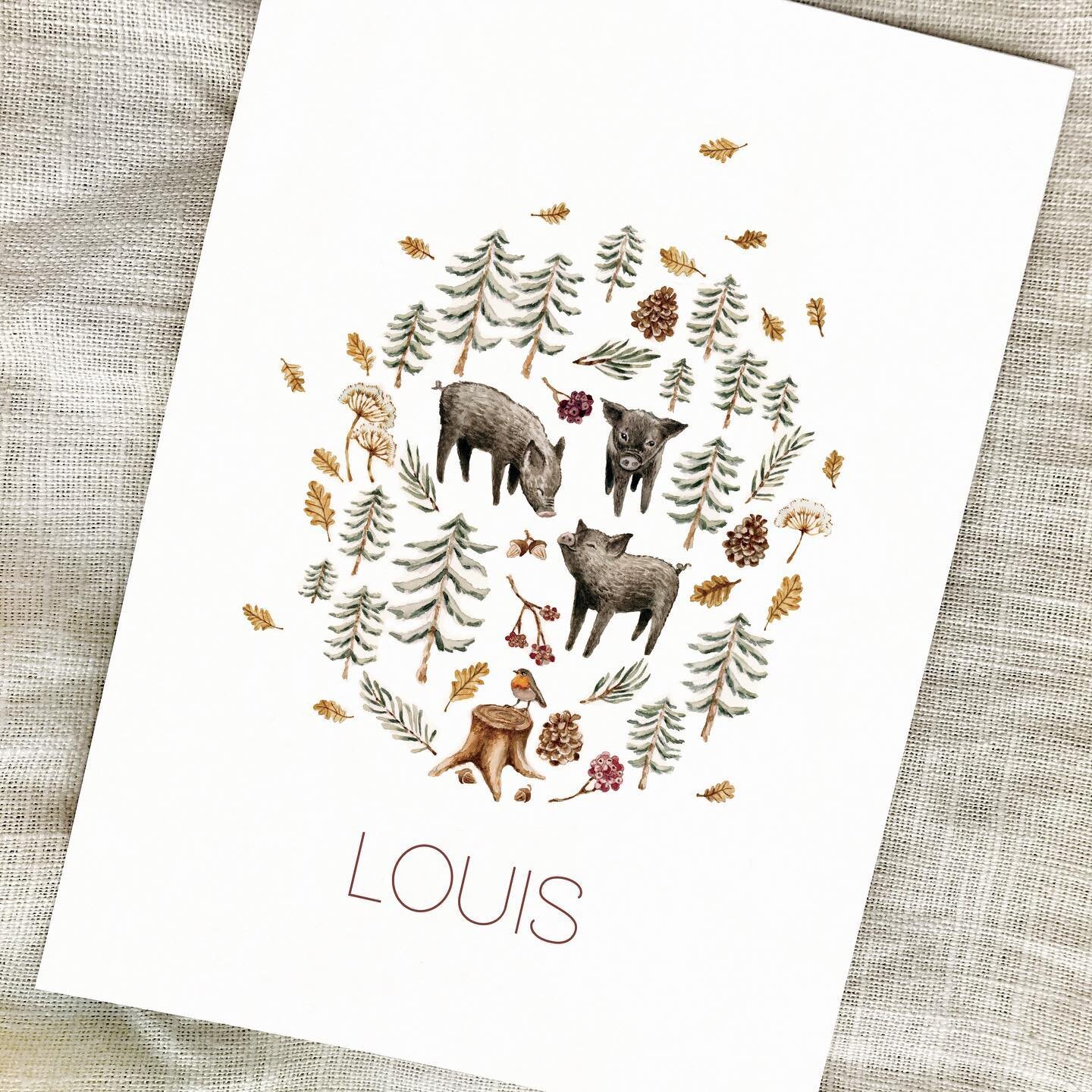 Custommade birthannouncement card for sweet Louis.
I always wanted to paint little piggies, so when his parents asked me to design a birthannouncement with three pigs that represents their three children I was very pleased !
There&rsquo;s a beautiful