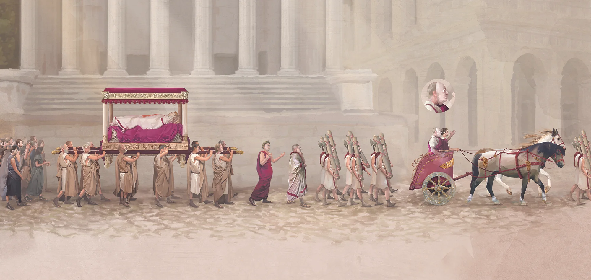 Illustrations of the Caesar's funeral procession.