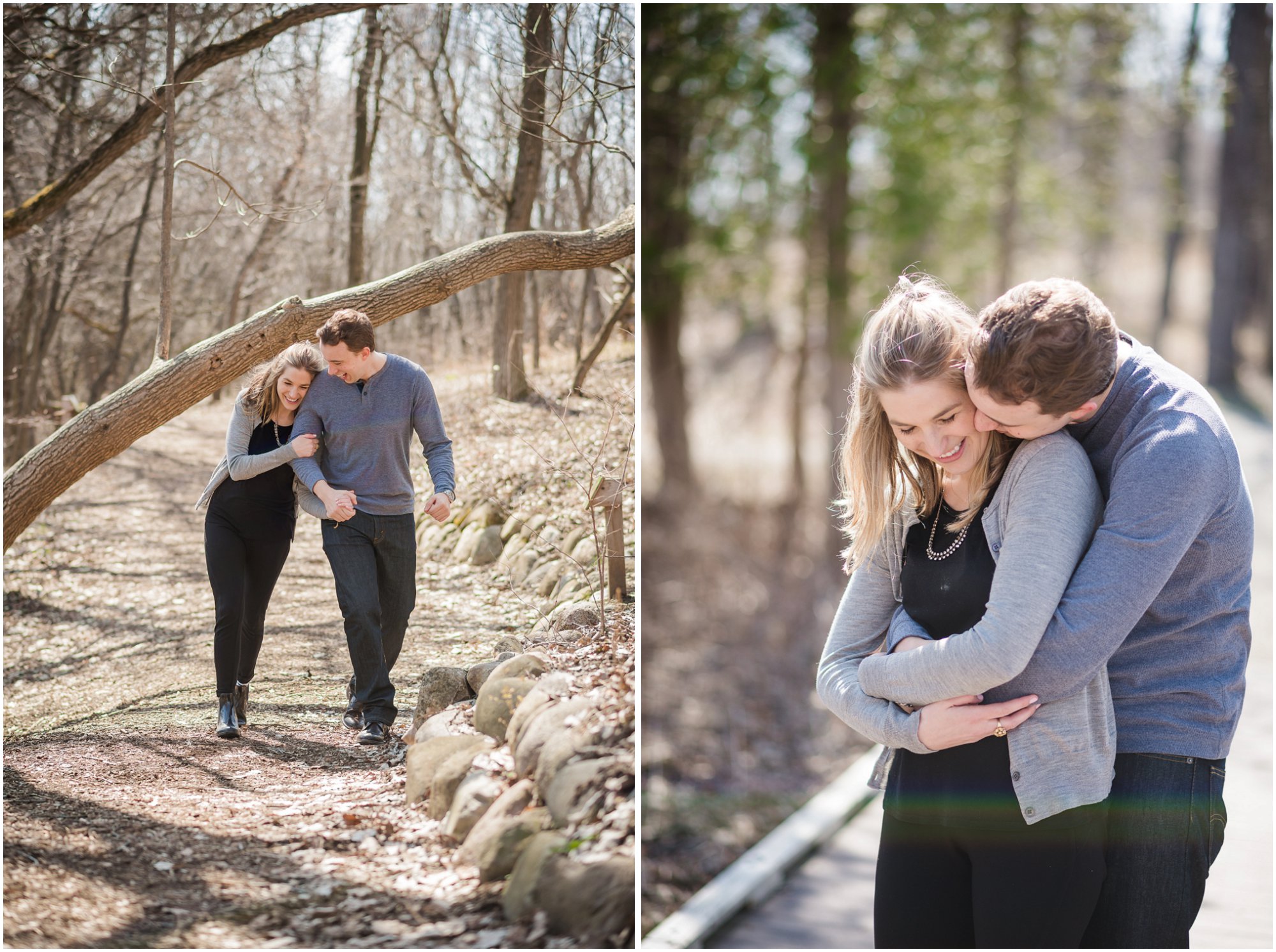  Couple walking through the woods at Matthaei Botanical Gardens in Ann Arbor, Michigan. 