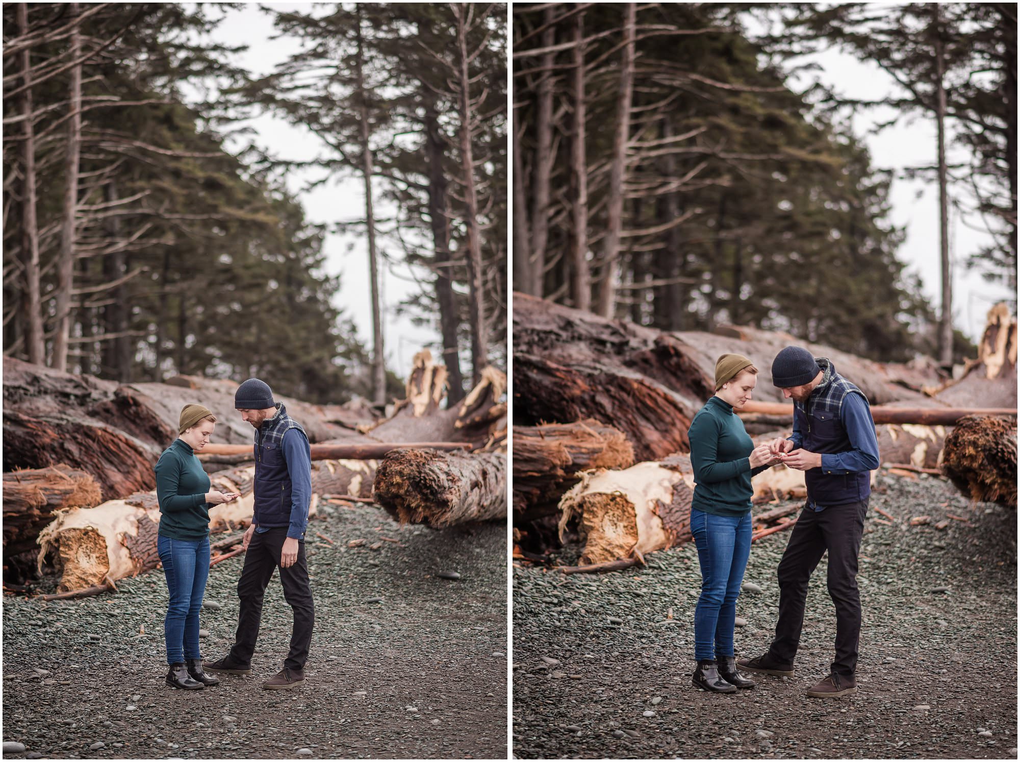  A couple look at shells during their engagement session in the PNW.  