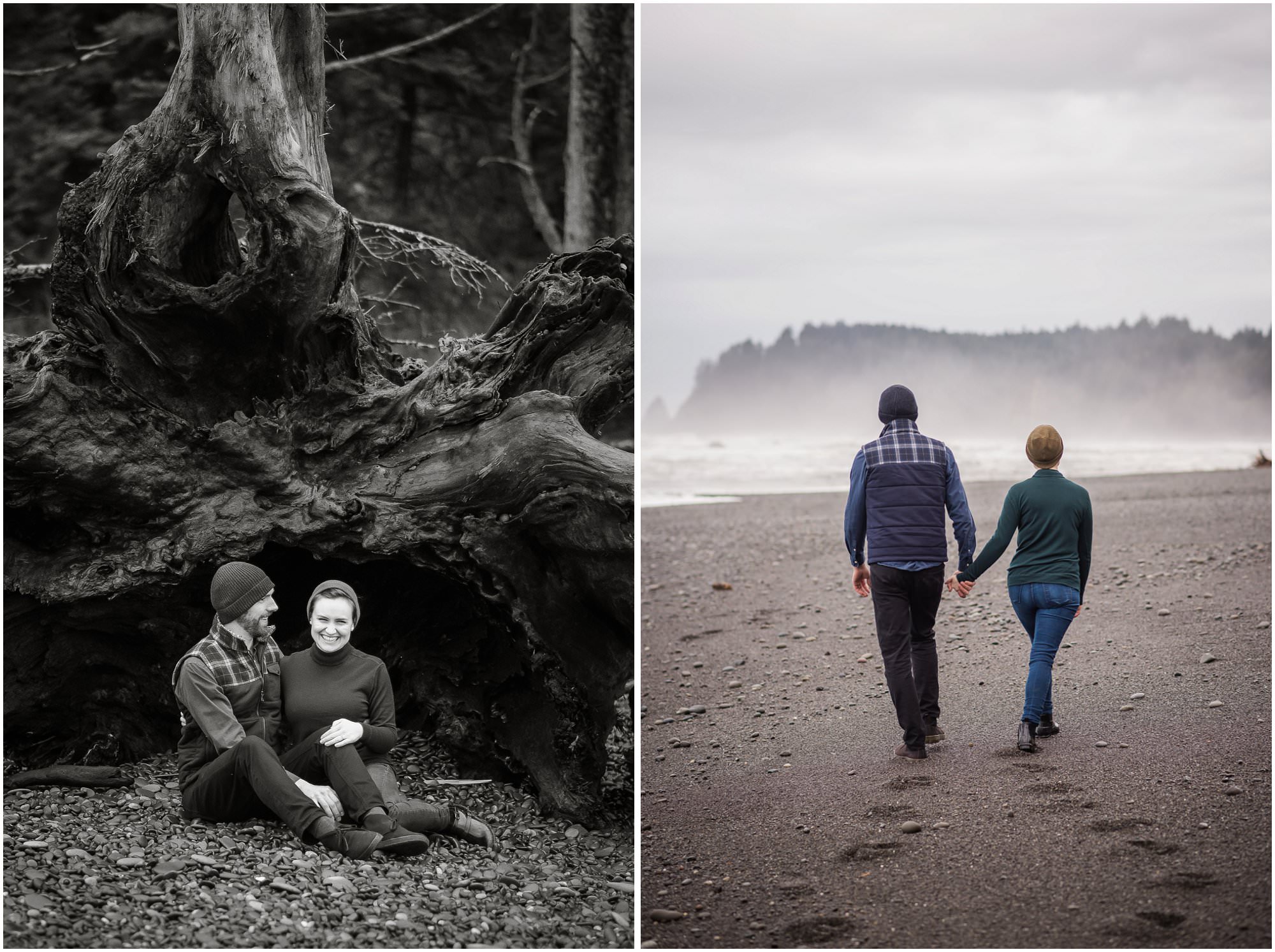  A couple sit under a large knotted down tree on a pacific northwest beach.  