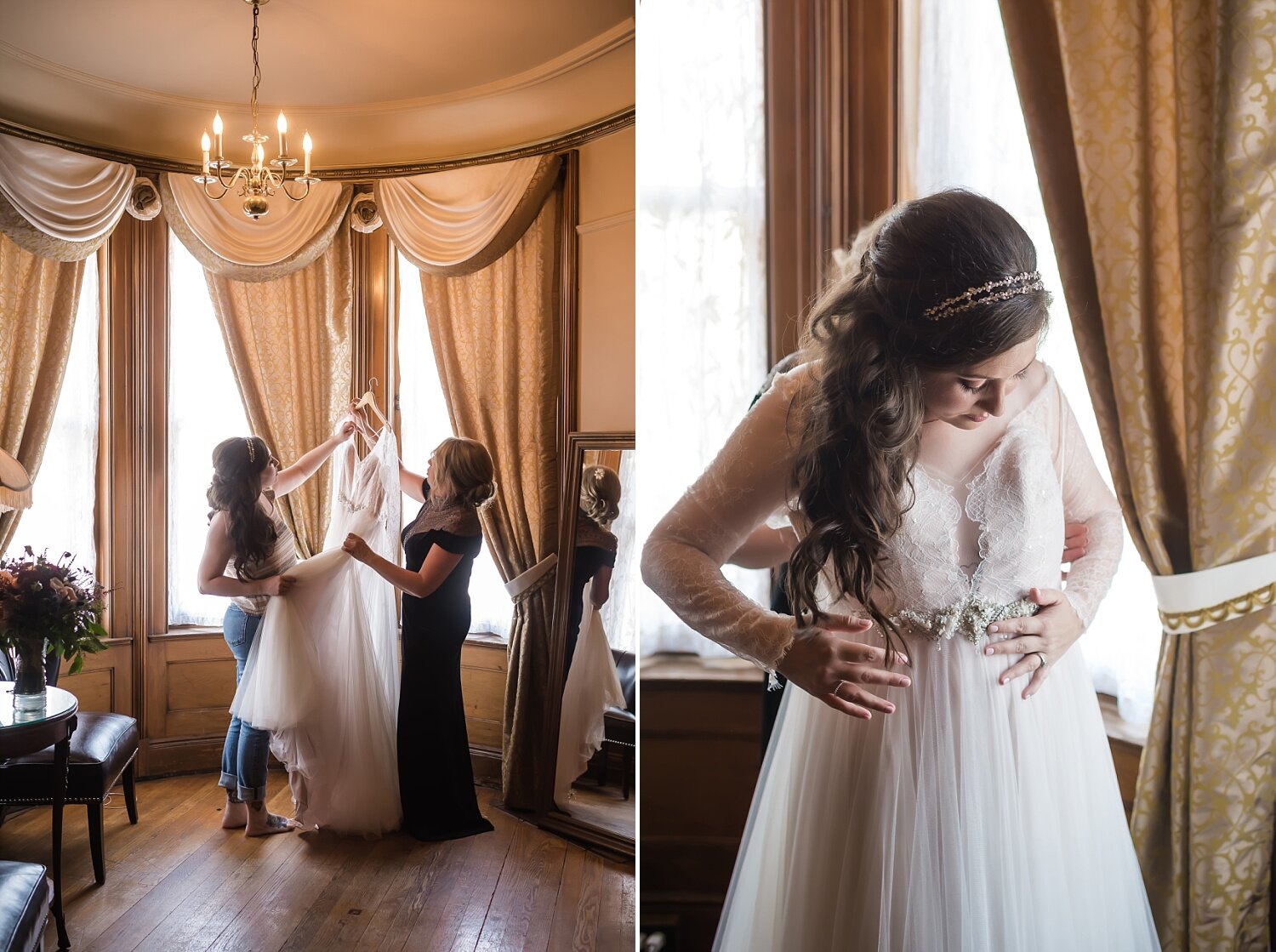  A mom helps her daughter get her wedding dress down from a high window.  