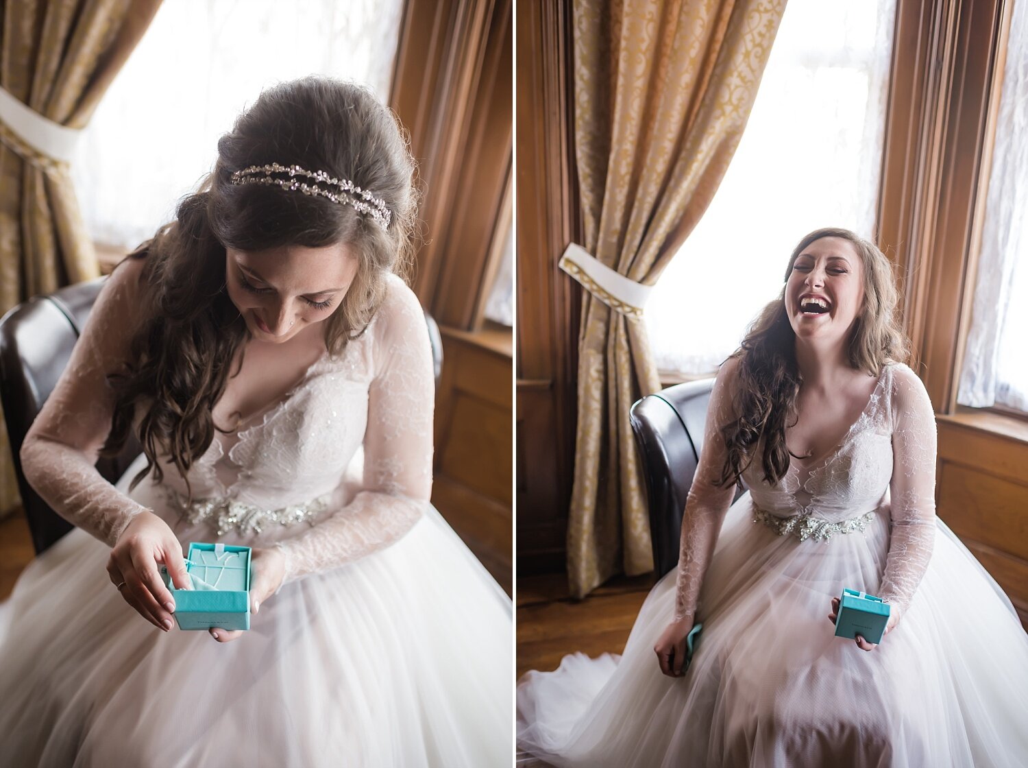  A bride opens up a Tiffany &amp; Co diamond necklace from her fiance in Detroit.  