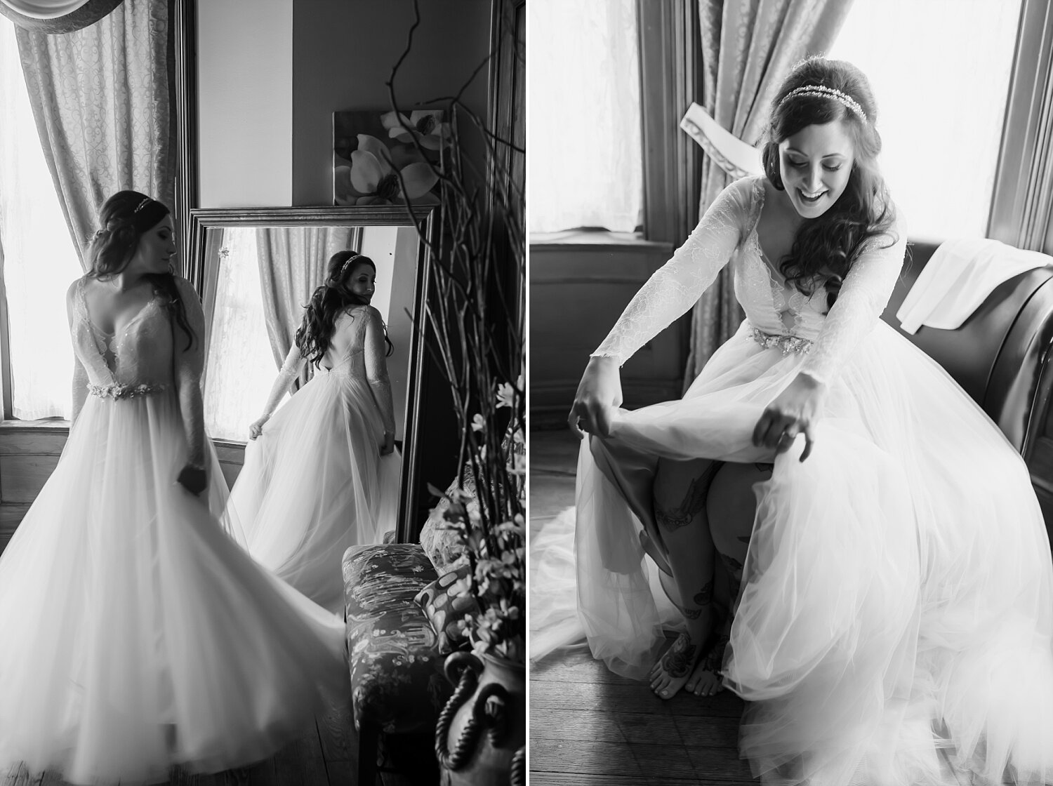  A bride wearing a light and whimsical wedding dress admires herself in the mirror at a mansion wedding venue.  