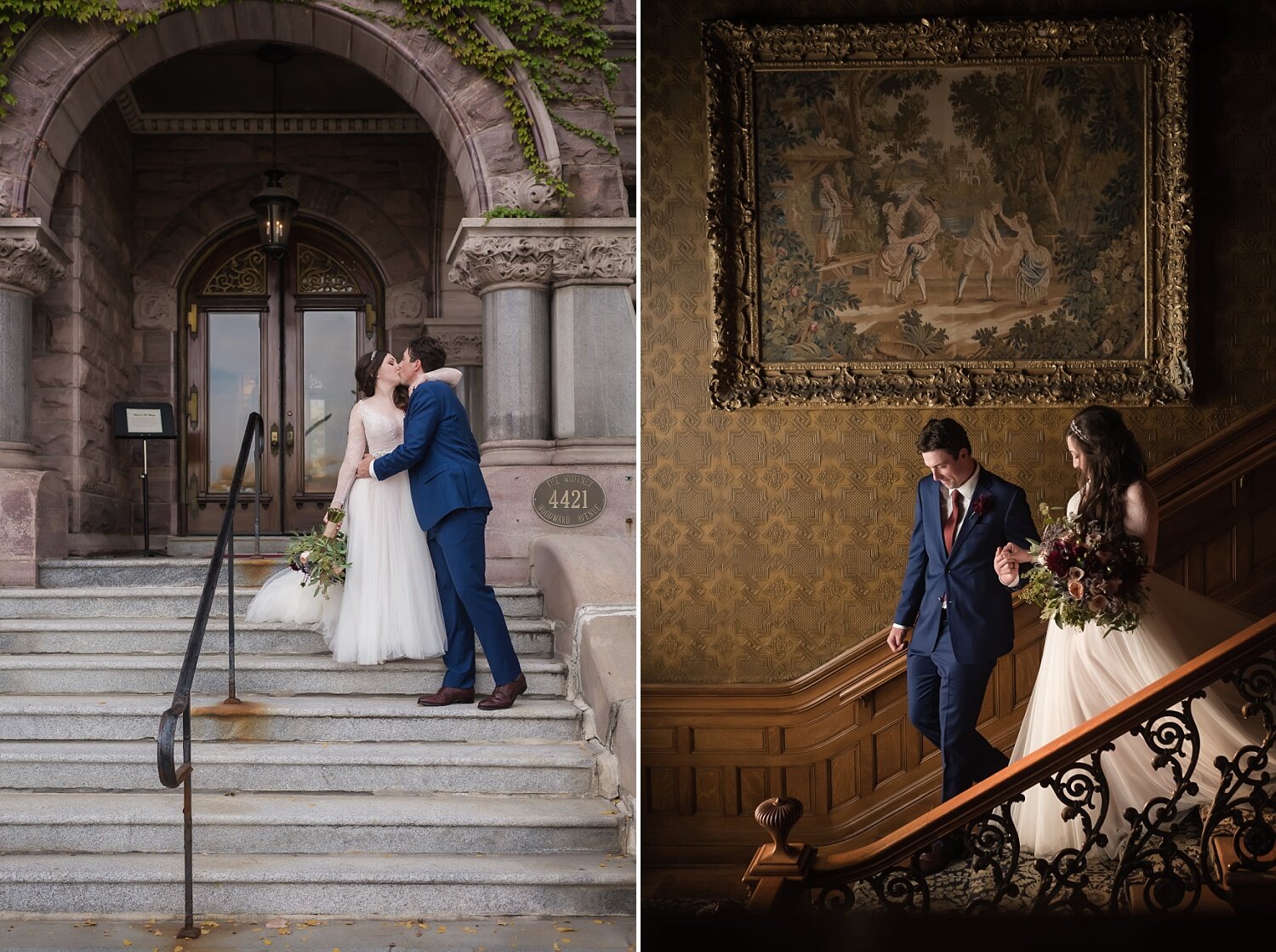  A couple share a kiss before walking down the stairs into their reception.  