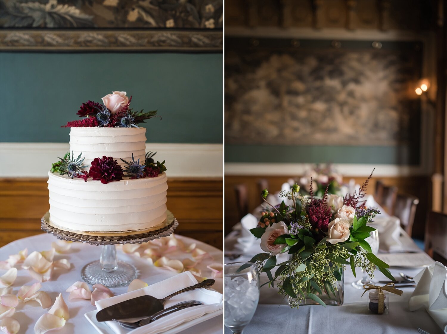  A wedding cake and a beautiful green, blush, and red floral centerpiece on a long table.  