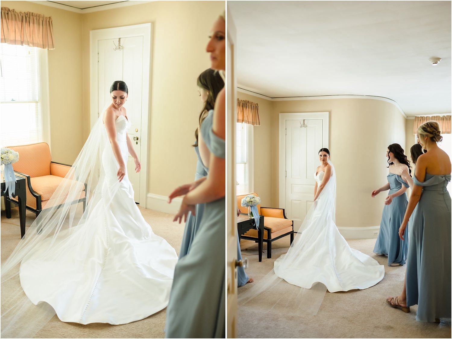  A bride admires her dress with her bridesmaids with the sun shining through the windows. 