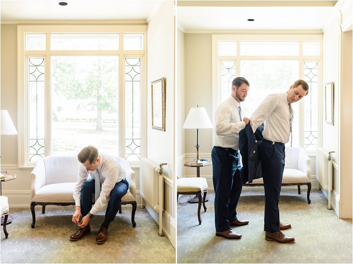  A groom puts his shoes and blue suit jacket.  