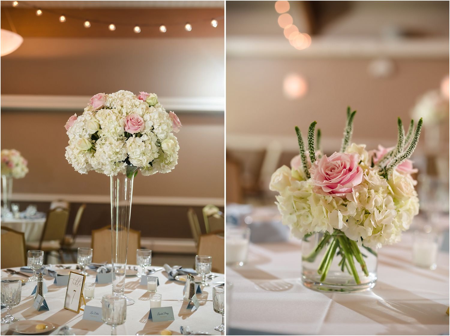  Detail photos of blush and white centerpieces in a classic historic venue.  