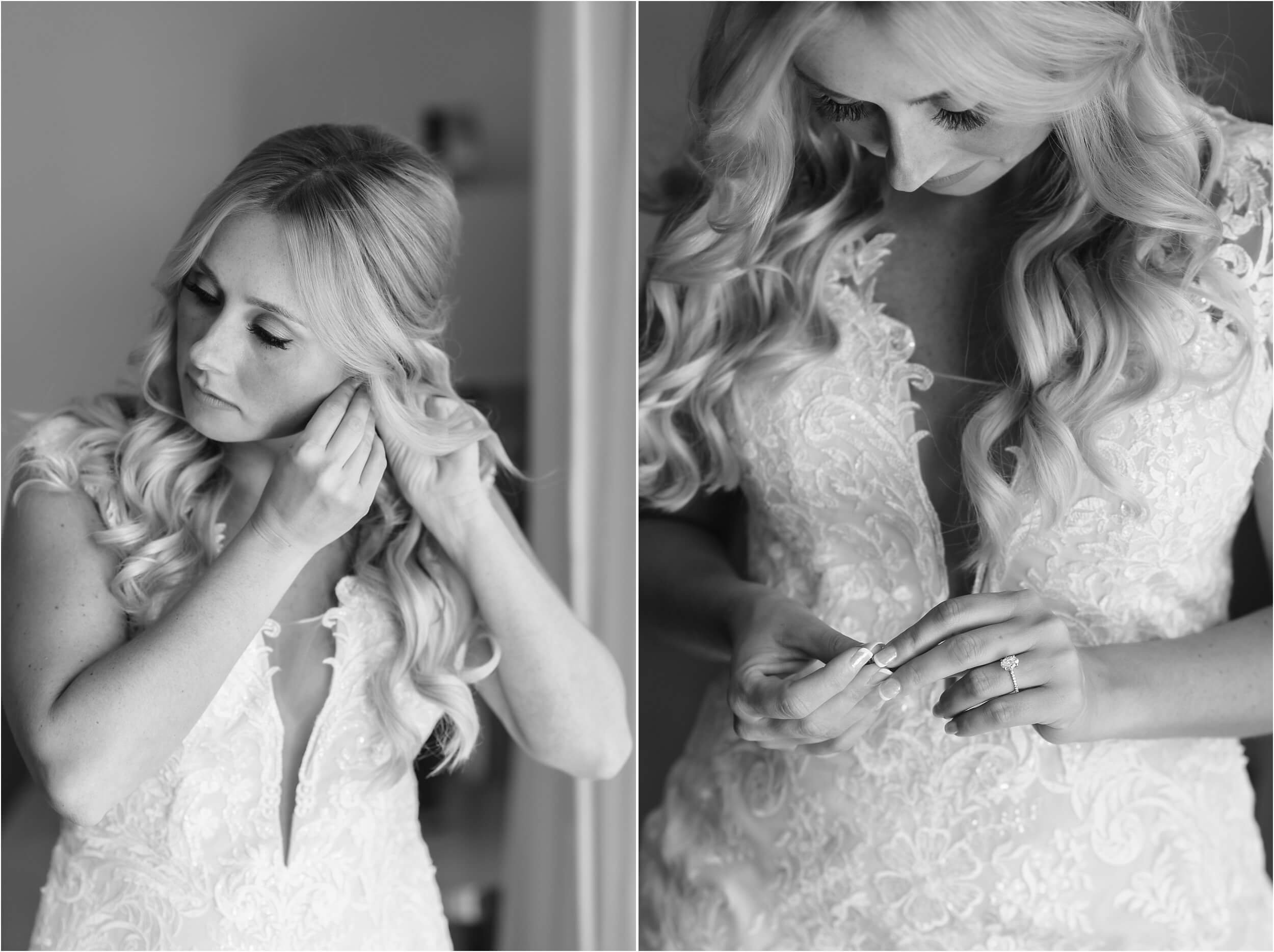  A blonde bride puts her jewelry on.  