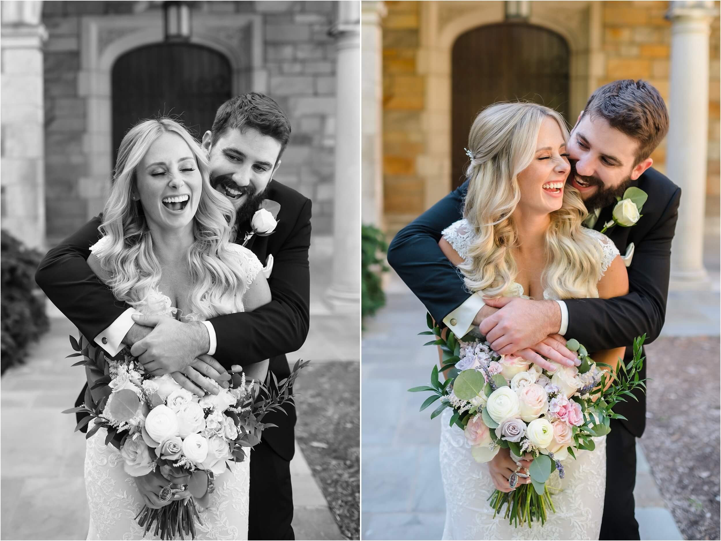  A groom surprises his bride with a hug from behind during their portraits.  
