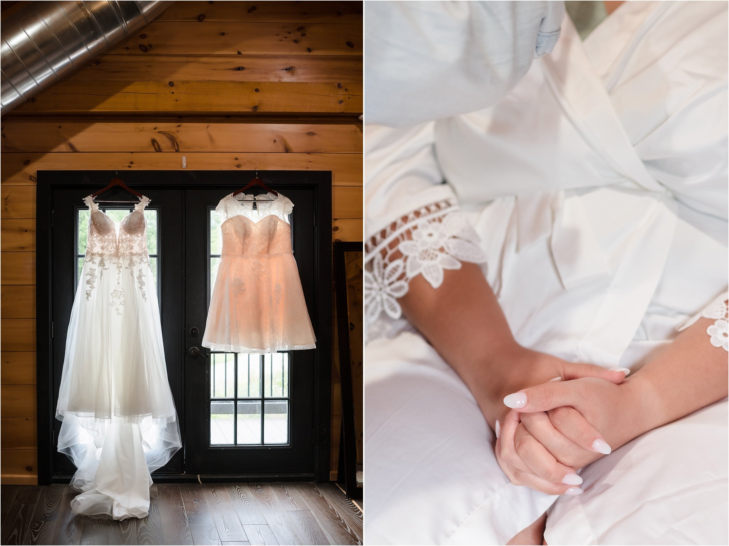  A bride’s two wedding dresses and a close-up of her manicured hands at a farm venue loft.  