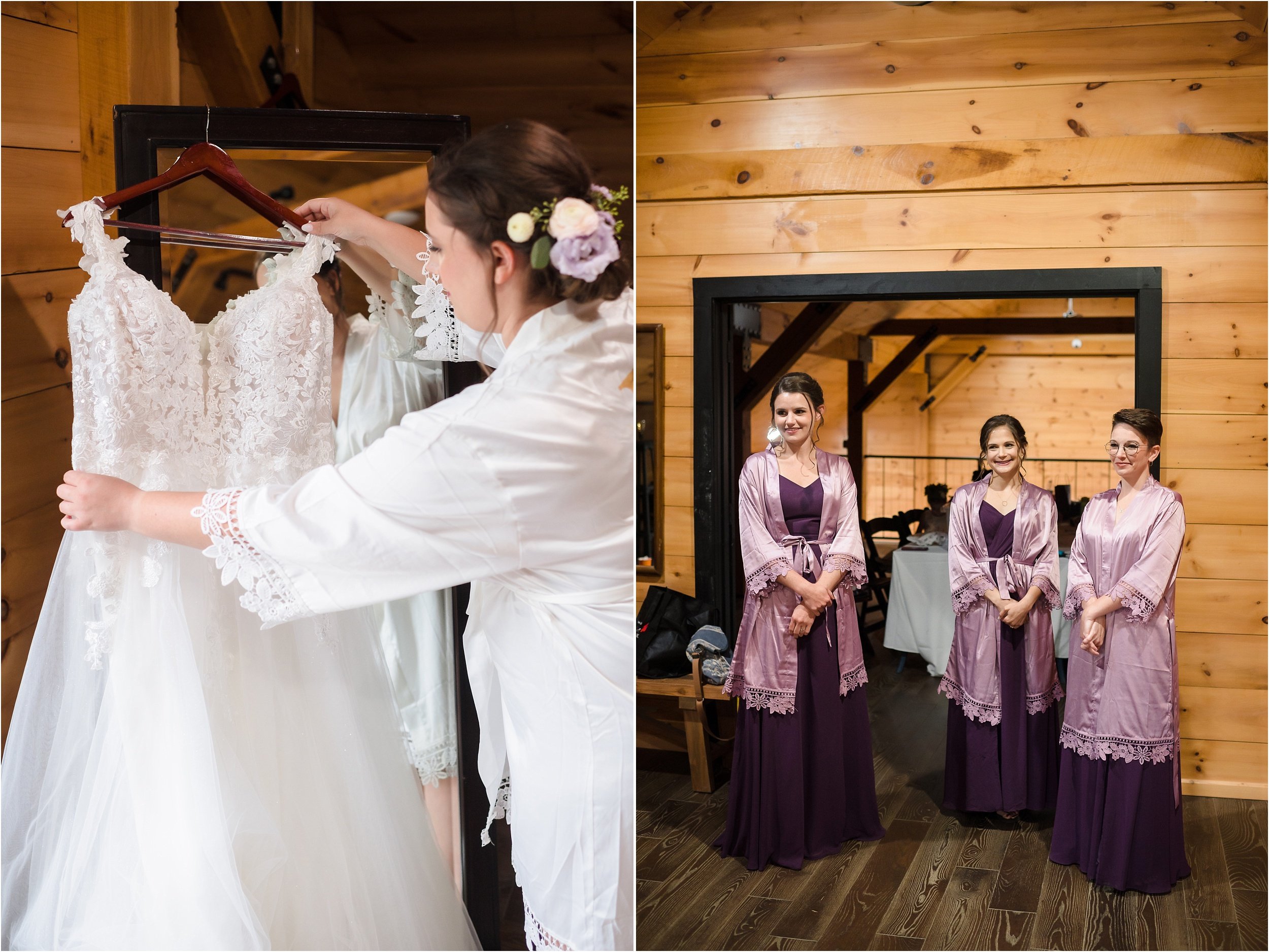  A bride adjusting her formal wedding gown before putting it on, while her bridesmaids wearing matching purple robes watches.  