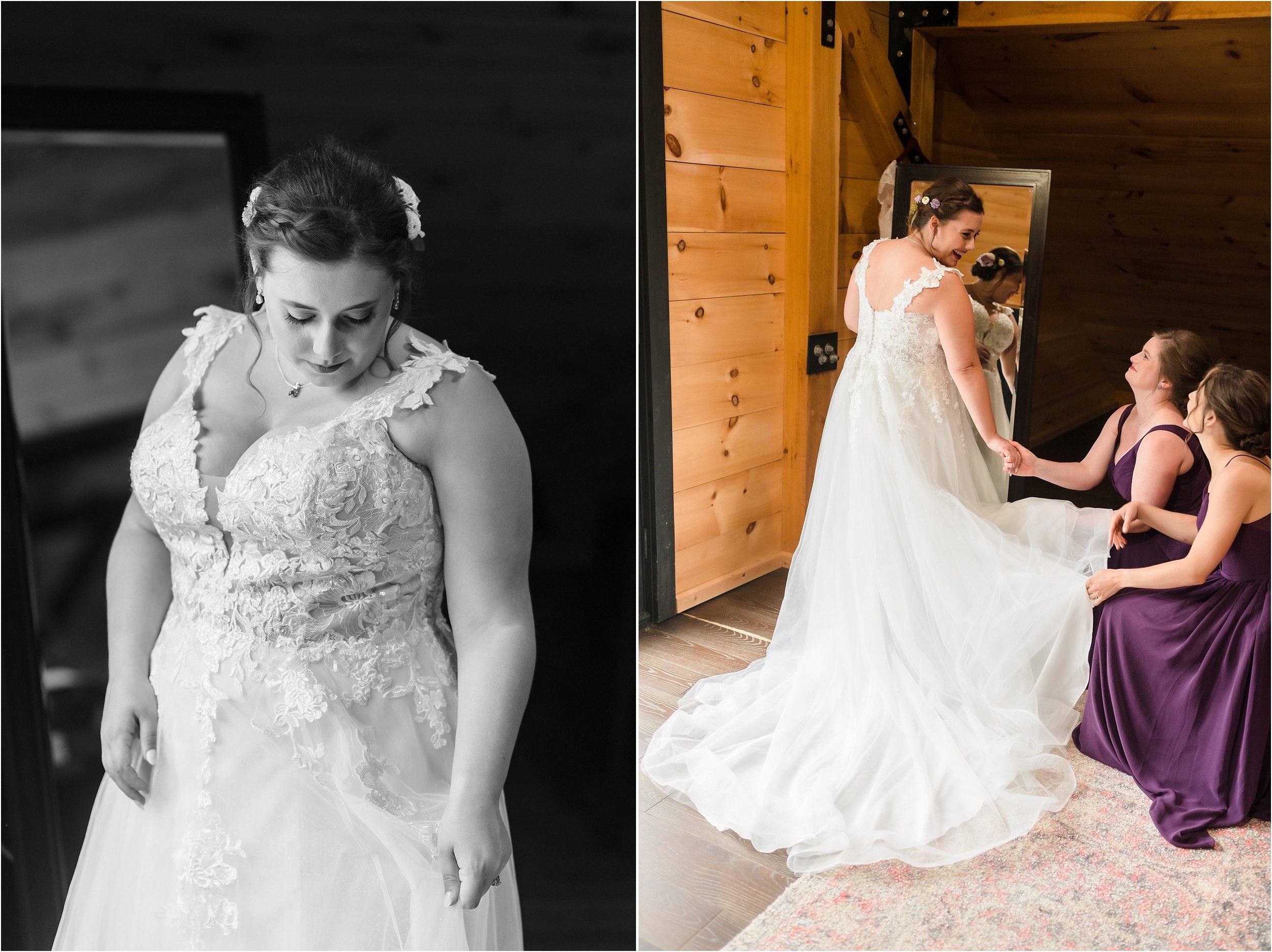  A woman and her bridesmaids adjust the wedding dress layers.  