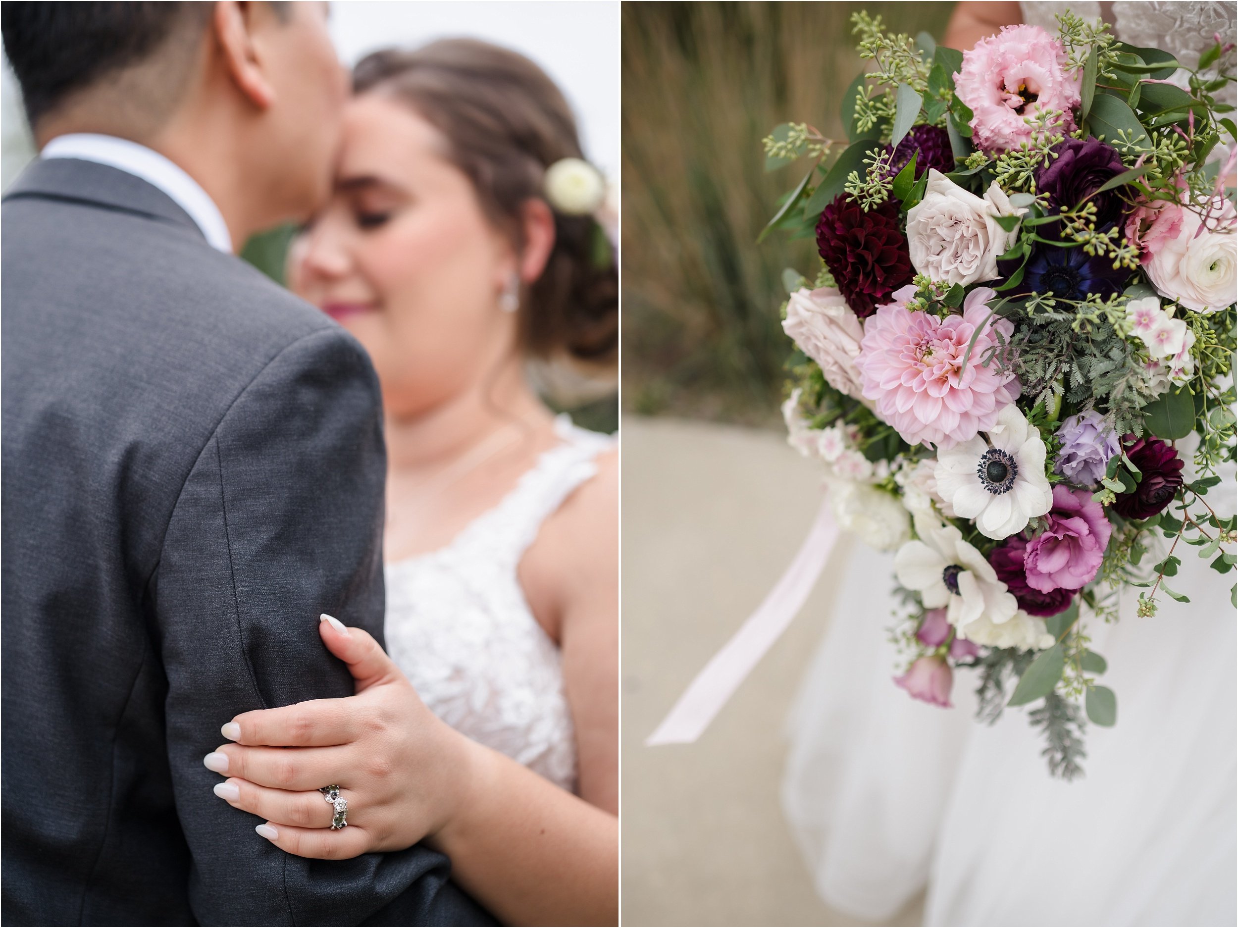  A close-up of a man kissing his partner and a close-up photo of a pink, white and green bridal bouquet.  