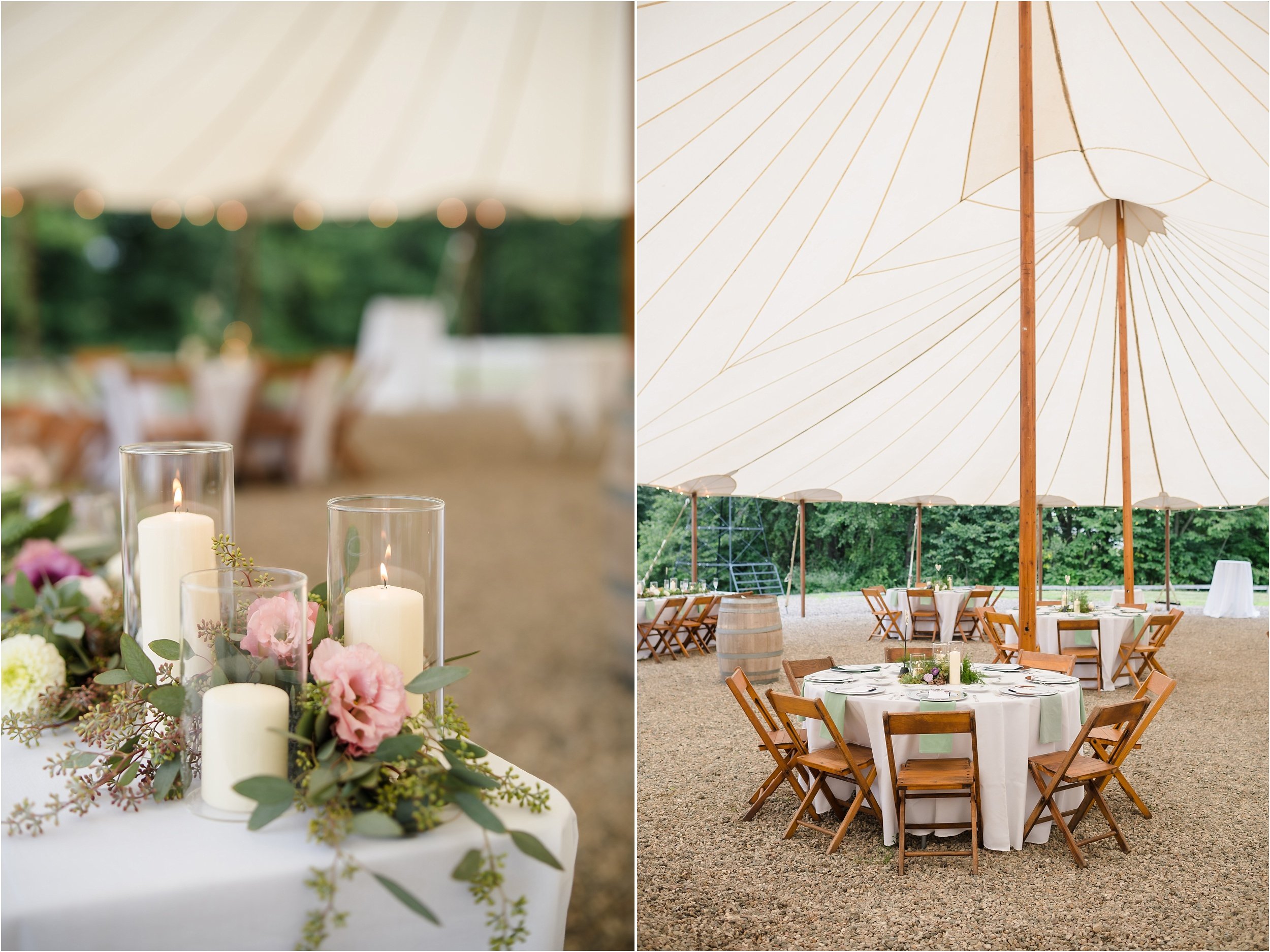  A close-up of table centerpieces with candles and flowers.  