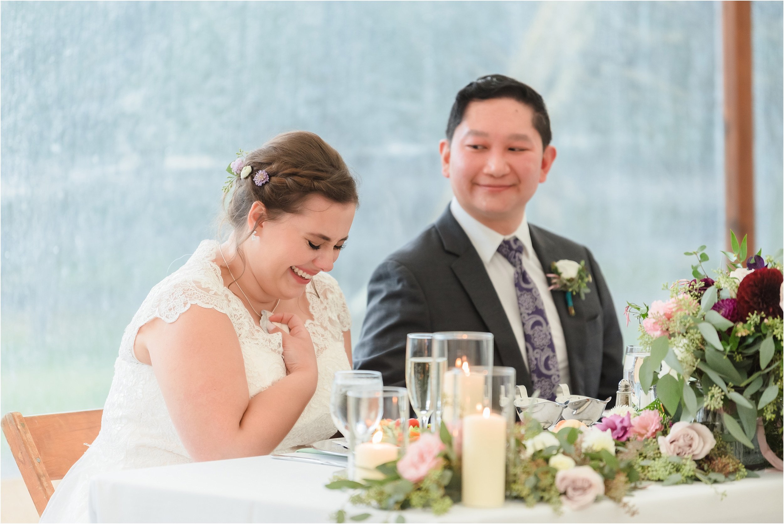  A bride gets emotinal during a speech by her bridesmaid.  