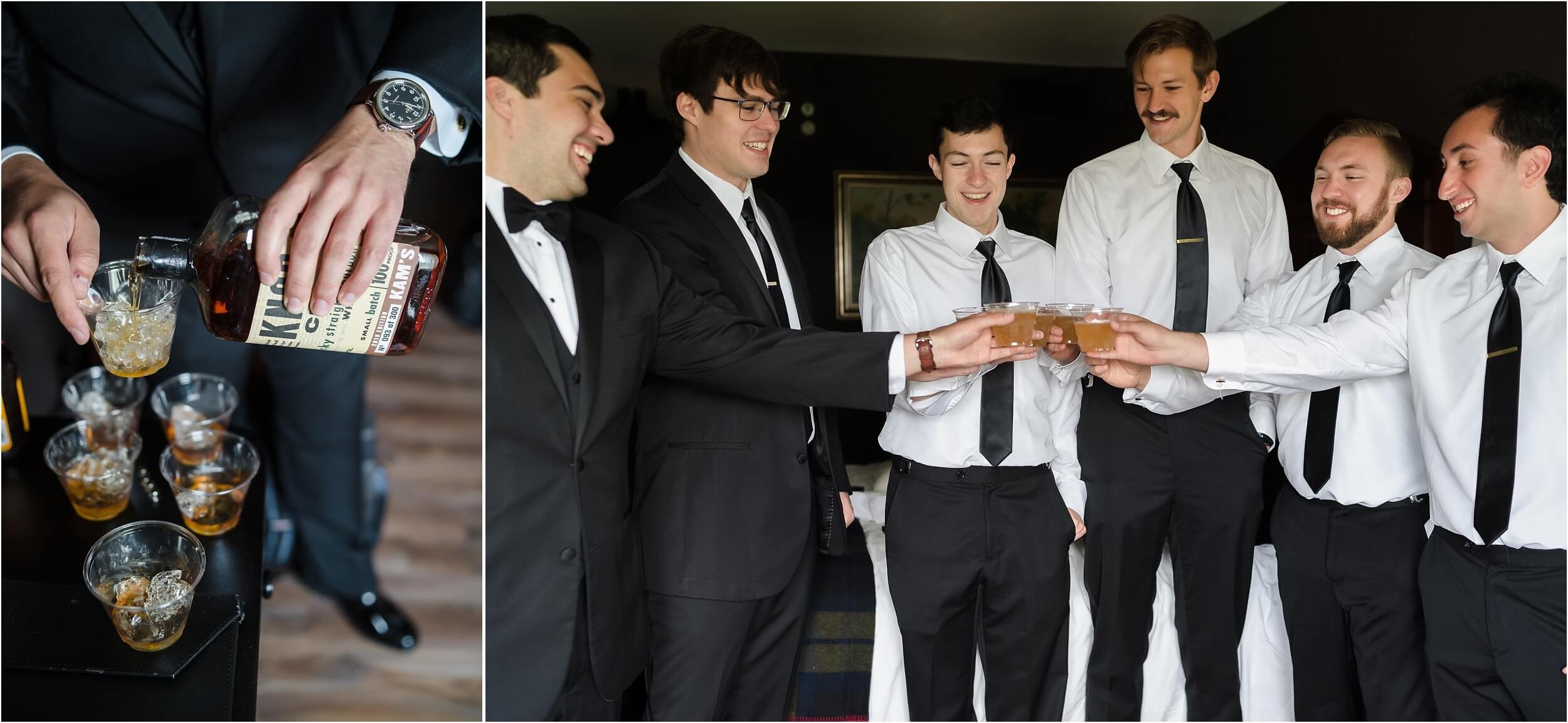  A group of groomsmen toast the groom before he leaves for the ceremony.  