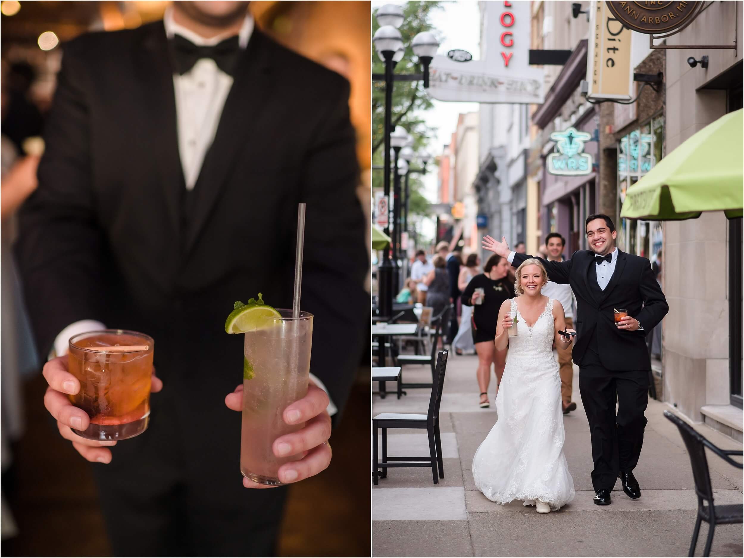  A couple walks into their wedding reception at Vinology Wine Bar.  