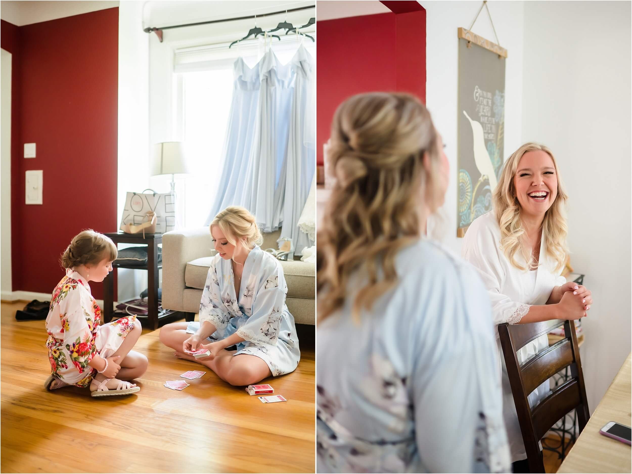  A bride and her friends get ready before a summer wedding at a local catholic church.  