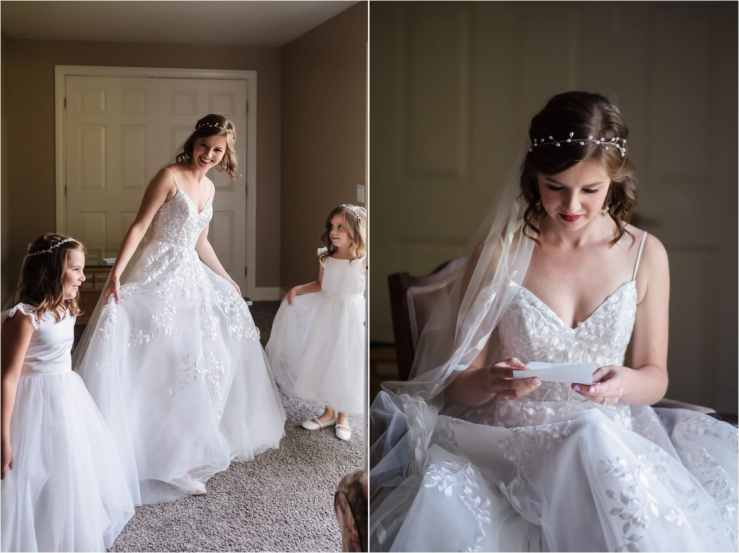  A bride shows her dress off to her flower girls and they excitedly show their dresses off in response.  