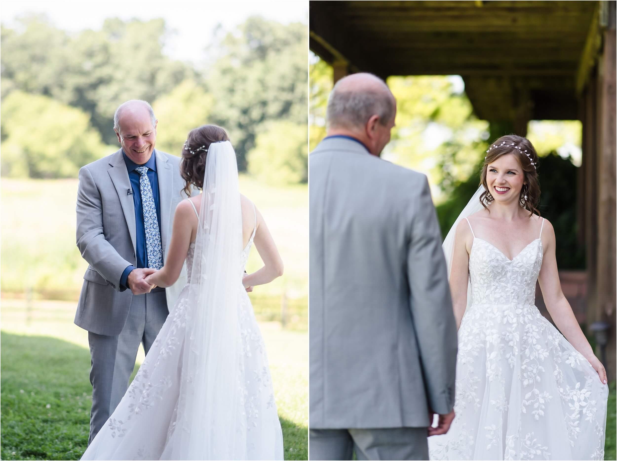  A woman has a first look with her dad before she sees her soon-to-be husband on their wedding day at a barn venue in Michigan.  
