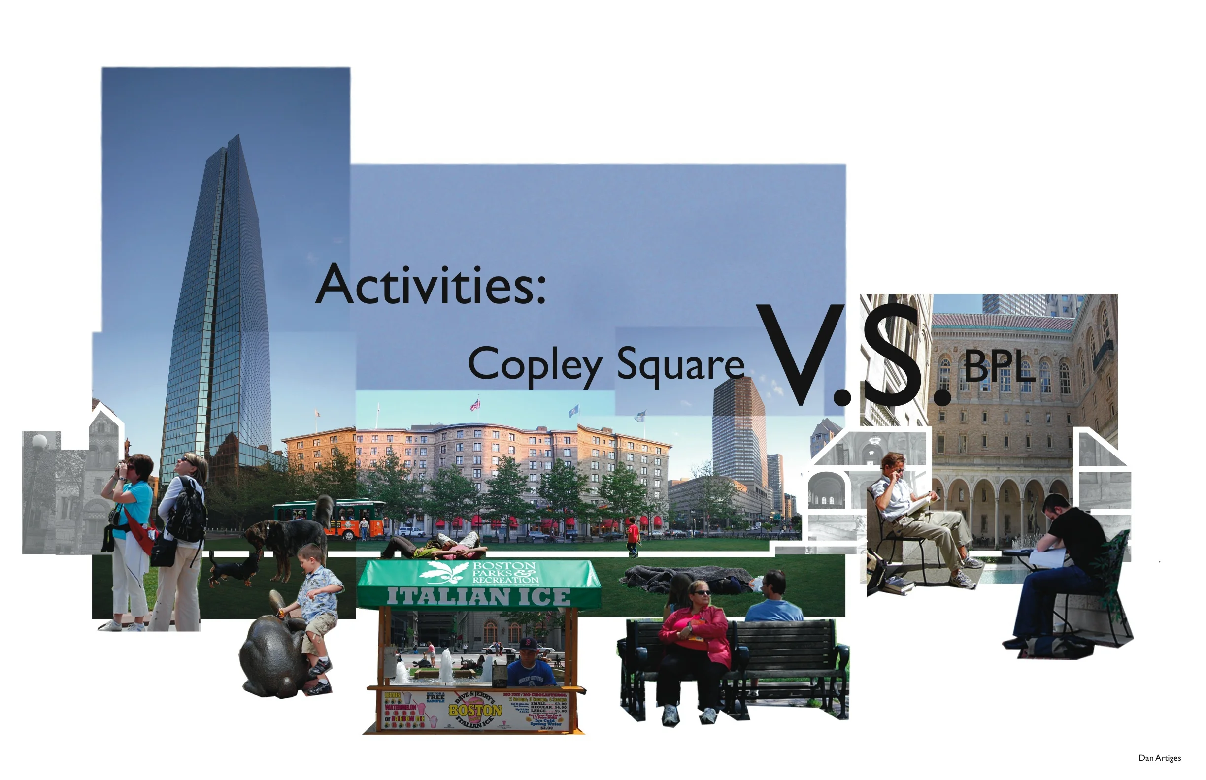 This analysis of Copley Square was completed at Northeastern University during the Summer of 2009. The objective of the studio was to explore multiple methods of representation to convey spatial and historical information of Copley Square in Boston. The projects are as follows: The relationship of activities in Copley Square versus the Boston Public Library (BPL) adjacent, a how to guide of getting a book at the BPL, an illustrative map of Copley Square, a historical analysis of the urban development of the square, and lastly a solar exposure and shadow study.