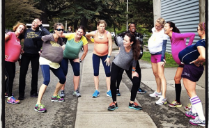 Pretending to be preggers at Lauren Fleshman's baby shower.