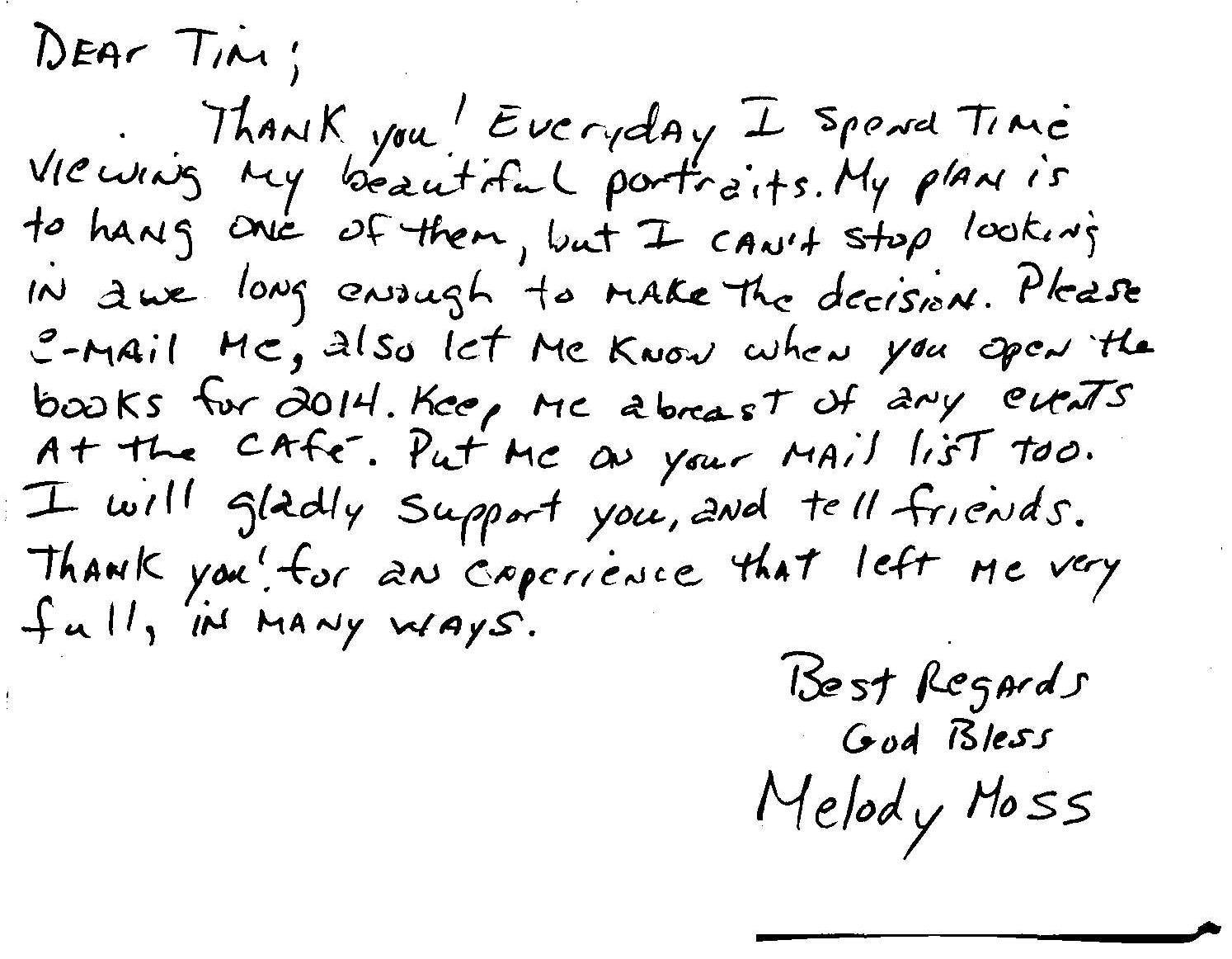 Melodie Moss's thank you note.