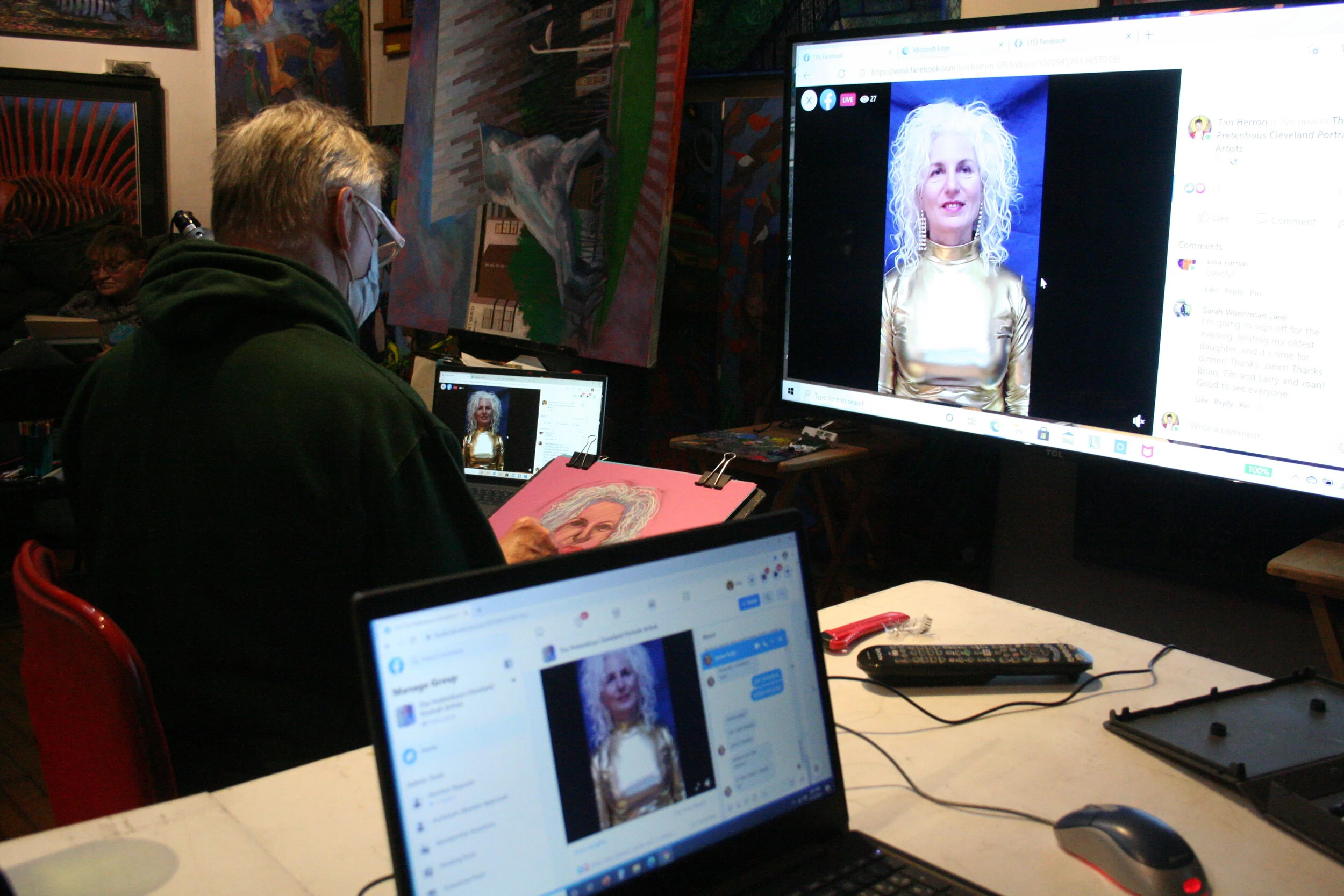Timothy Herron drawing from the big screen. Photo by Brian Pierce.