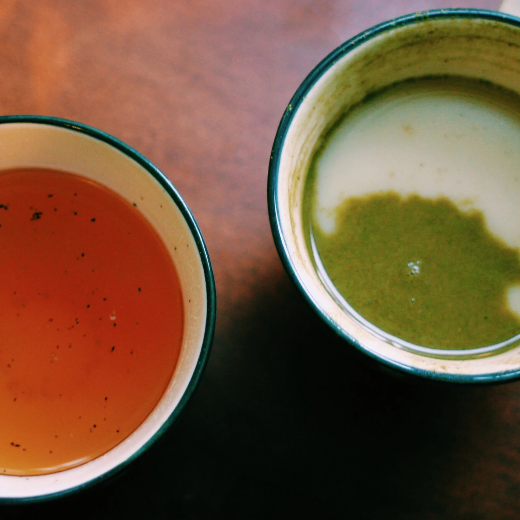 Homemade bone broth and matcha almond milk chai on my porch. Applause applause.