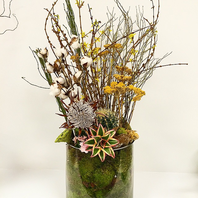 A little cotton adds texture to this arrangement! @interfaceamericas #floral #arrangement #moodmoss #exotic #flowers #branches #event #showroom #mrsdovebelly