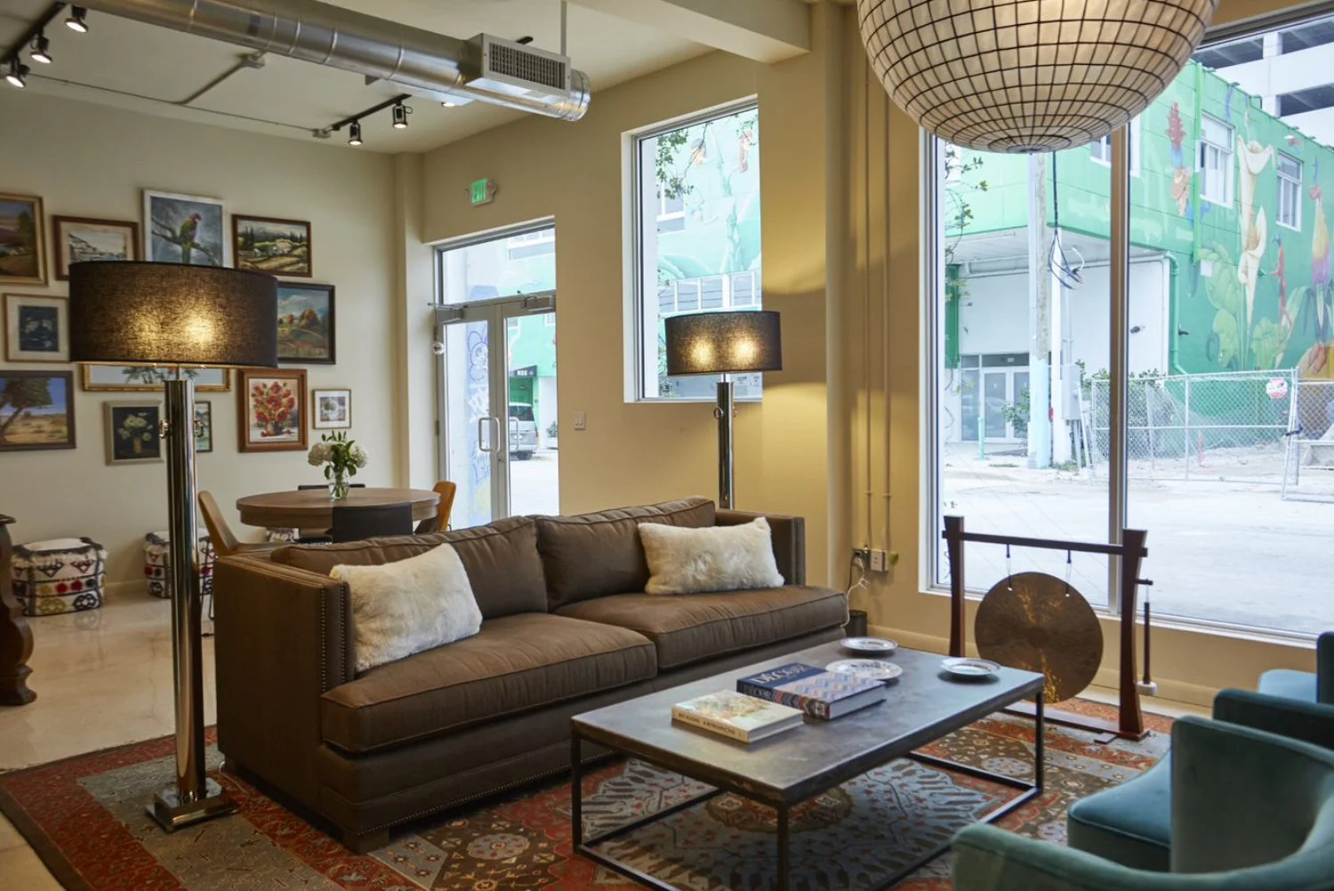 A view of the street lounge looking toward the wall of art.
